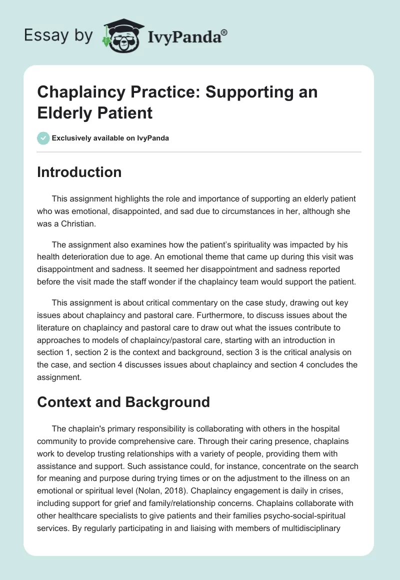 Chaplaincy Practice: Supporting an Elderly Patient. Page 1