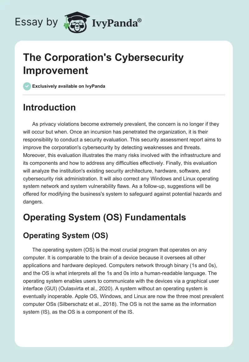 The Corporation's Cybersecurity Improvement. Page 1