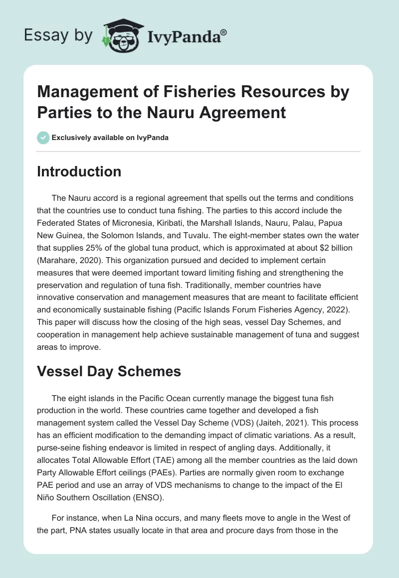 Management of Fisheries Resources by Parties to the Nauru Agreement. Page 1