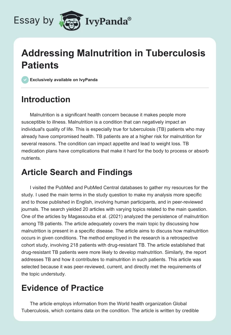 Addressing Malnutrition in Tuberculosis Patients. Page 1