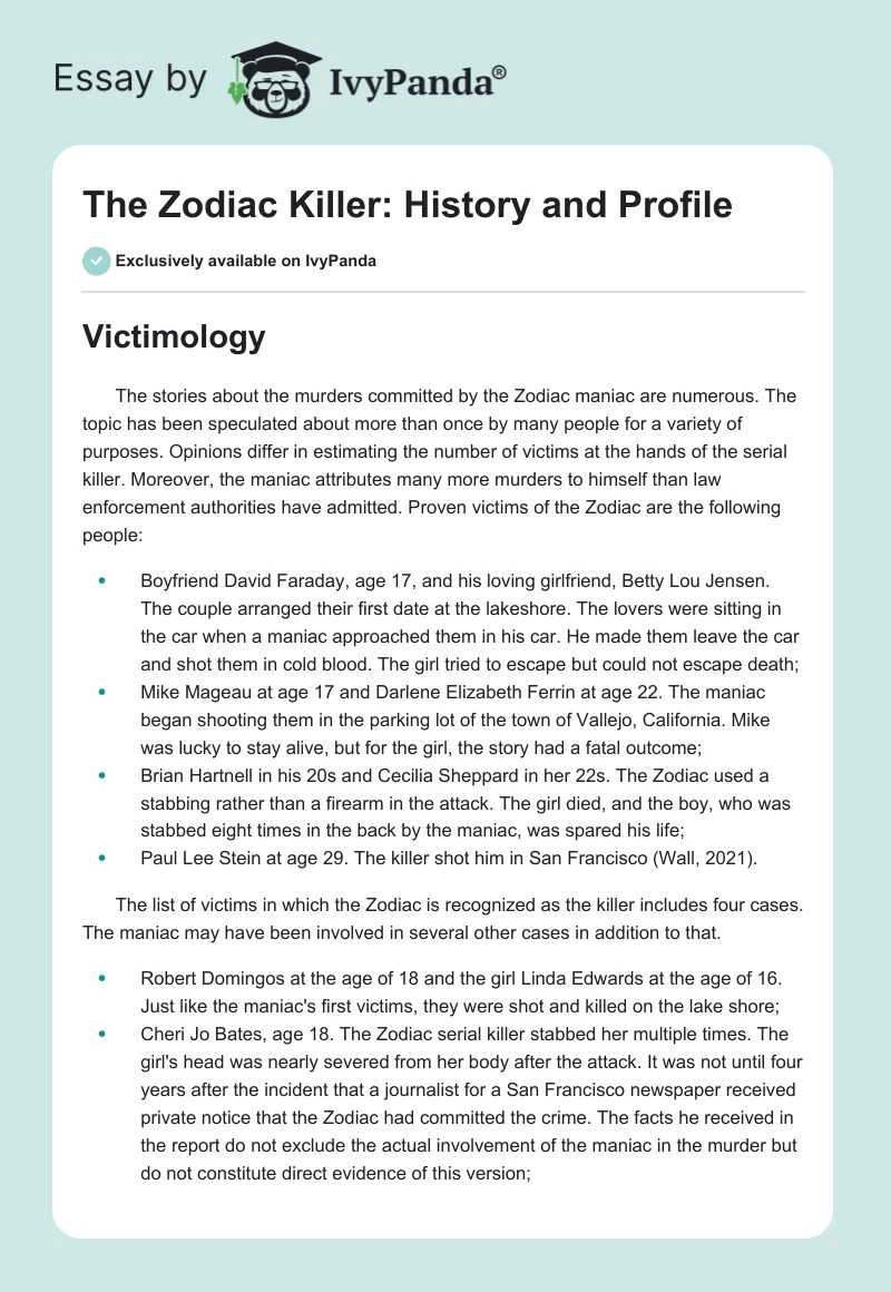 The Zodiac Killer: History and Profile. Page 1