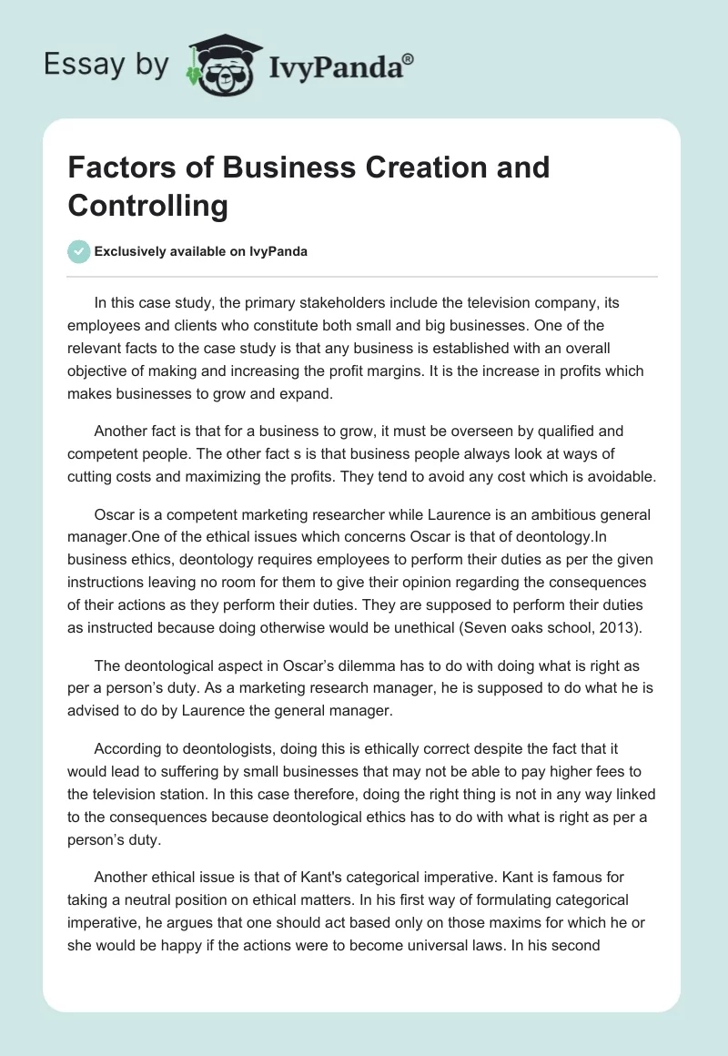 Factors of Business Creation and Controlling. Page 1
