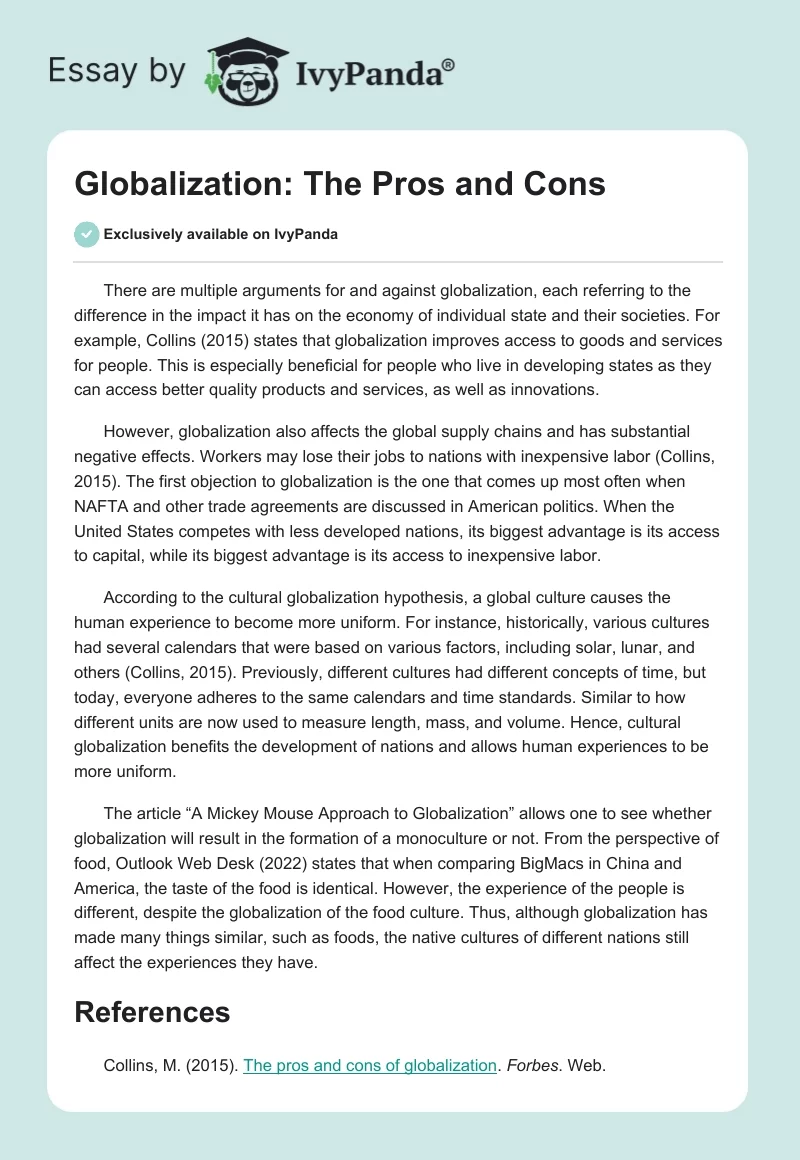Globalization: The Pros and Cons. Page 1