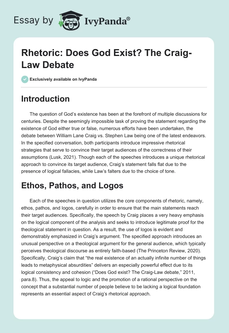 Rhetoric: Does God Exist? The Craig-Law Debate. Page 1