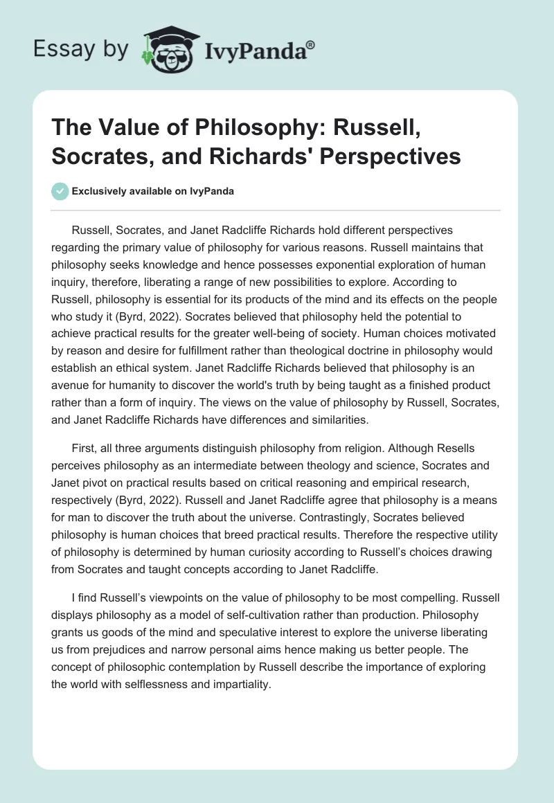 The Value of Philosophy: Russell, Socrates, and Richards' Perspectives. Page 1