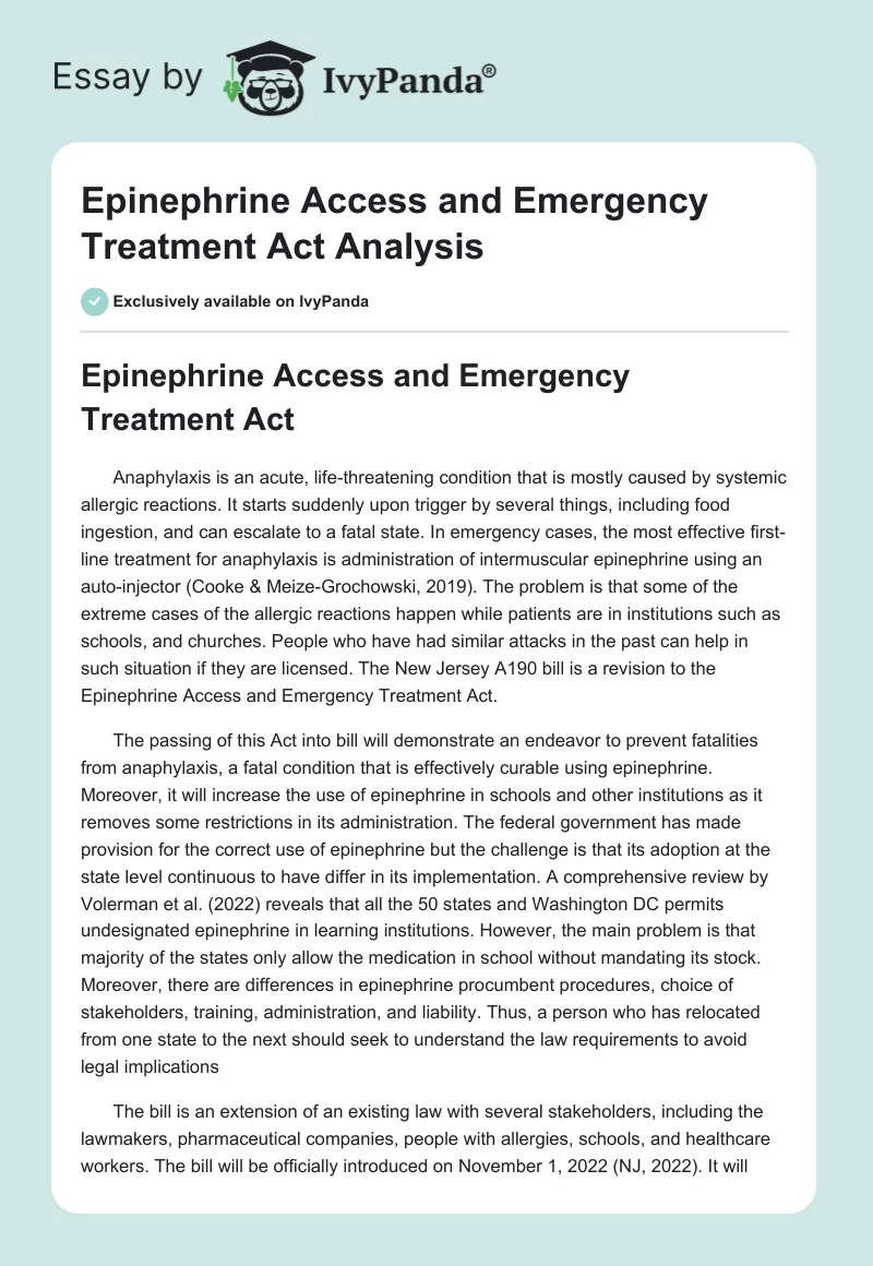 Epinephrine Access and Emergency Treatment Act Analysis. Page 1