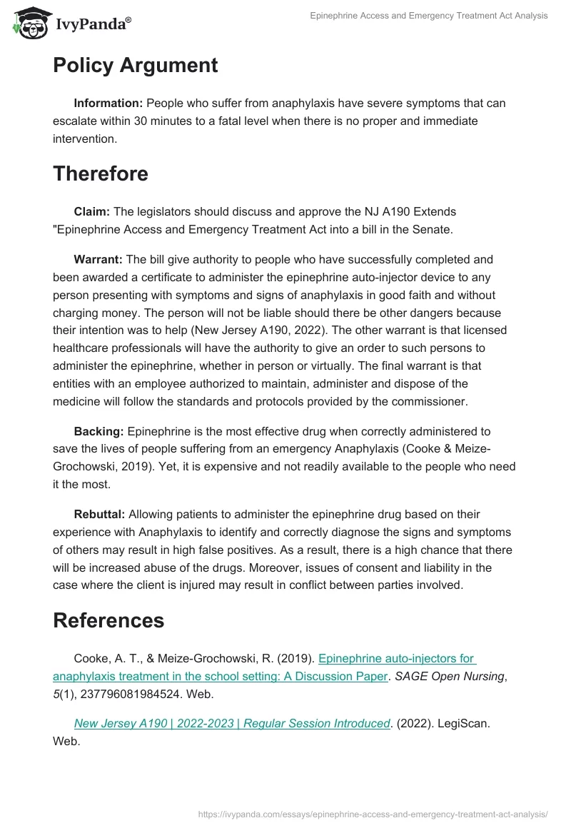 Epinephrine Access and Emergency Treatment Act Analysis. Page 4