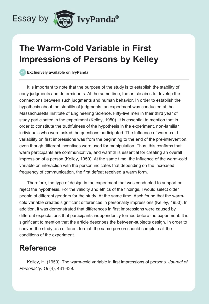 "The Warm-Cold Variable in First Impressions of Persons" by Kelley. Page 1