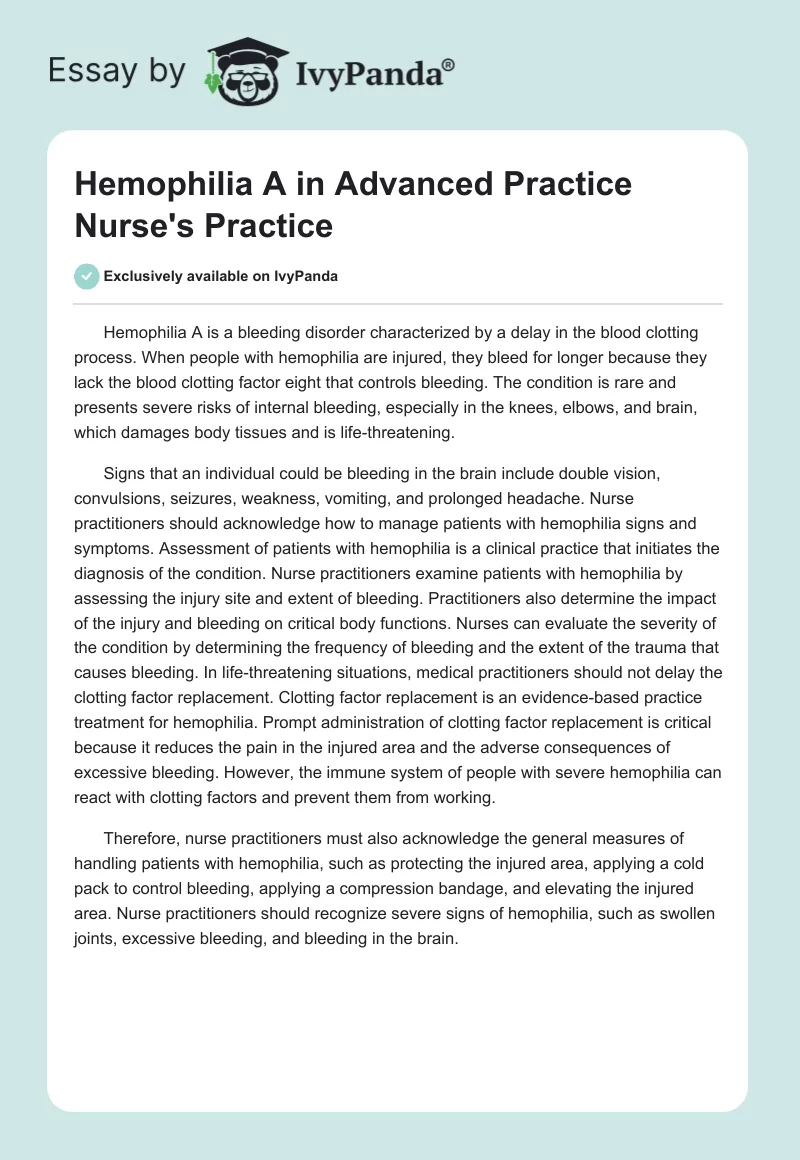 Hemophilia A in Advanced Practice Nurse's Practice. Page 1