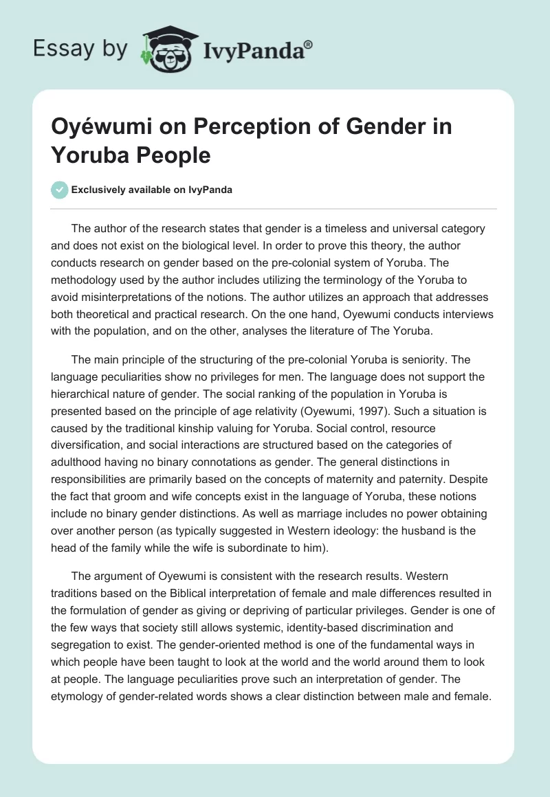 Oyéwumi on Perception of Gender in Yoruba People. Page 1