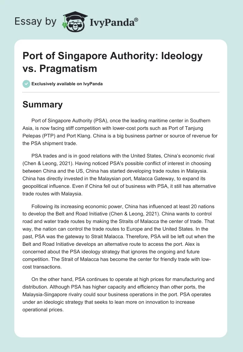 Port of Singapore Authority: Ideology vs. Pragmatism. Page 1