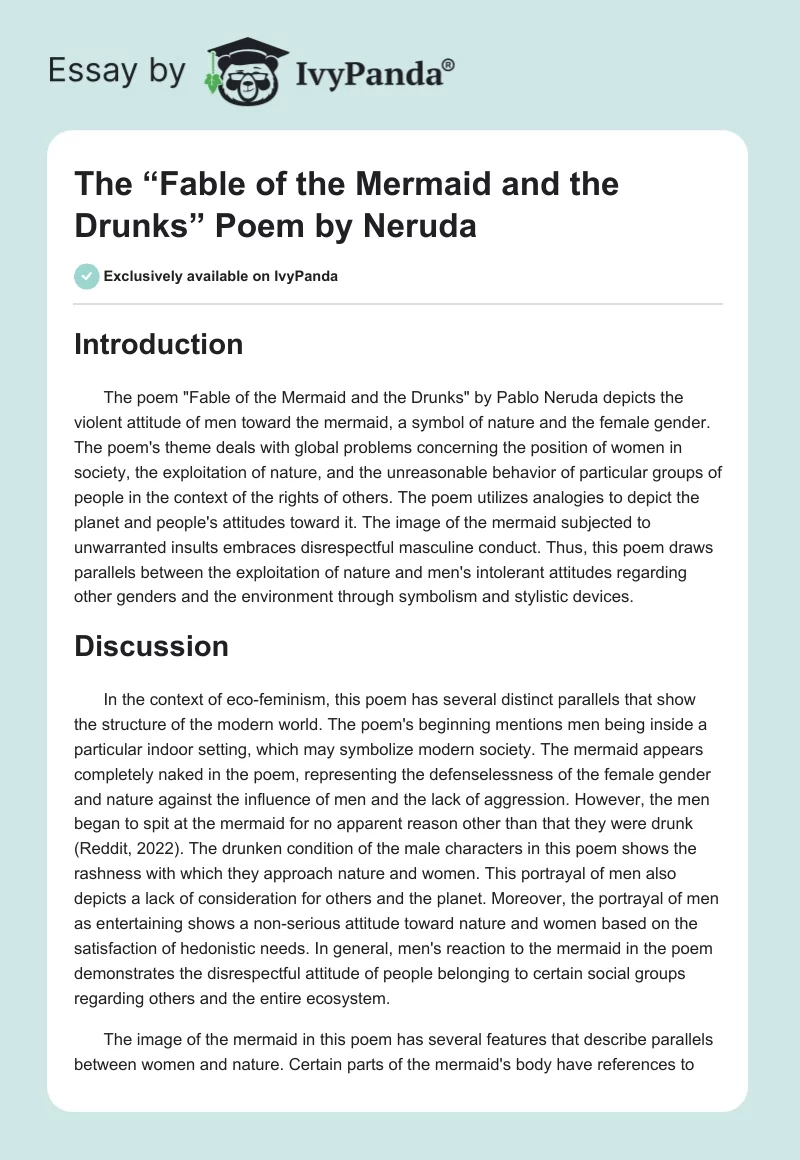 The “Fable of the Mermaid and the Drunks” Poem by Neruda. Page 1