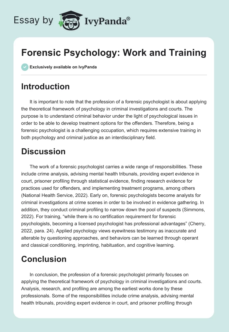 Forensic Psychology: Work and Training. Page 1