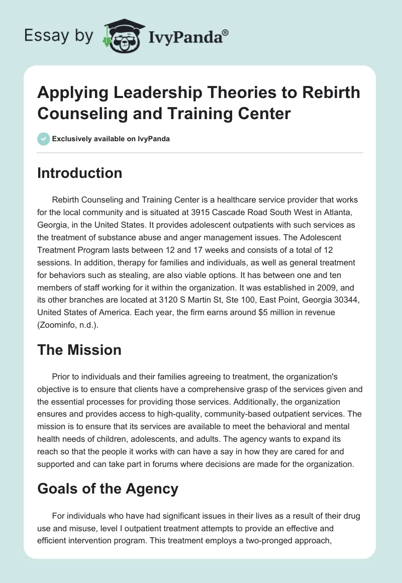Applying Leadership Theories to Rebirth Counseling and Training Center. Page 1