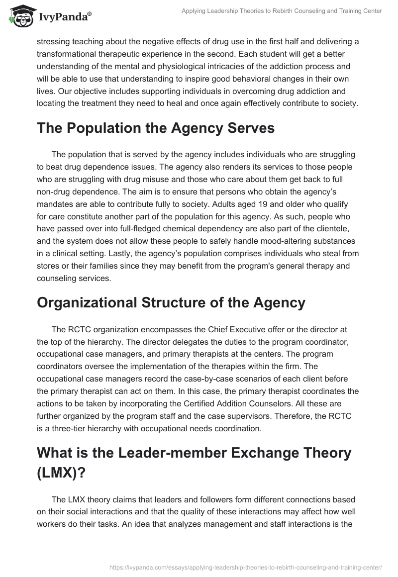 Applying Leadership Theories to Rebirth Counseling and Training Center. Page 2