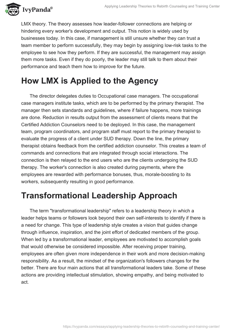 Applying Leadership Theories to Rebirth Counseling and Training Center. Page 3