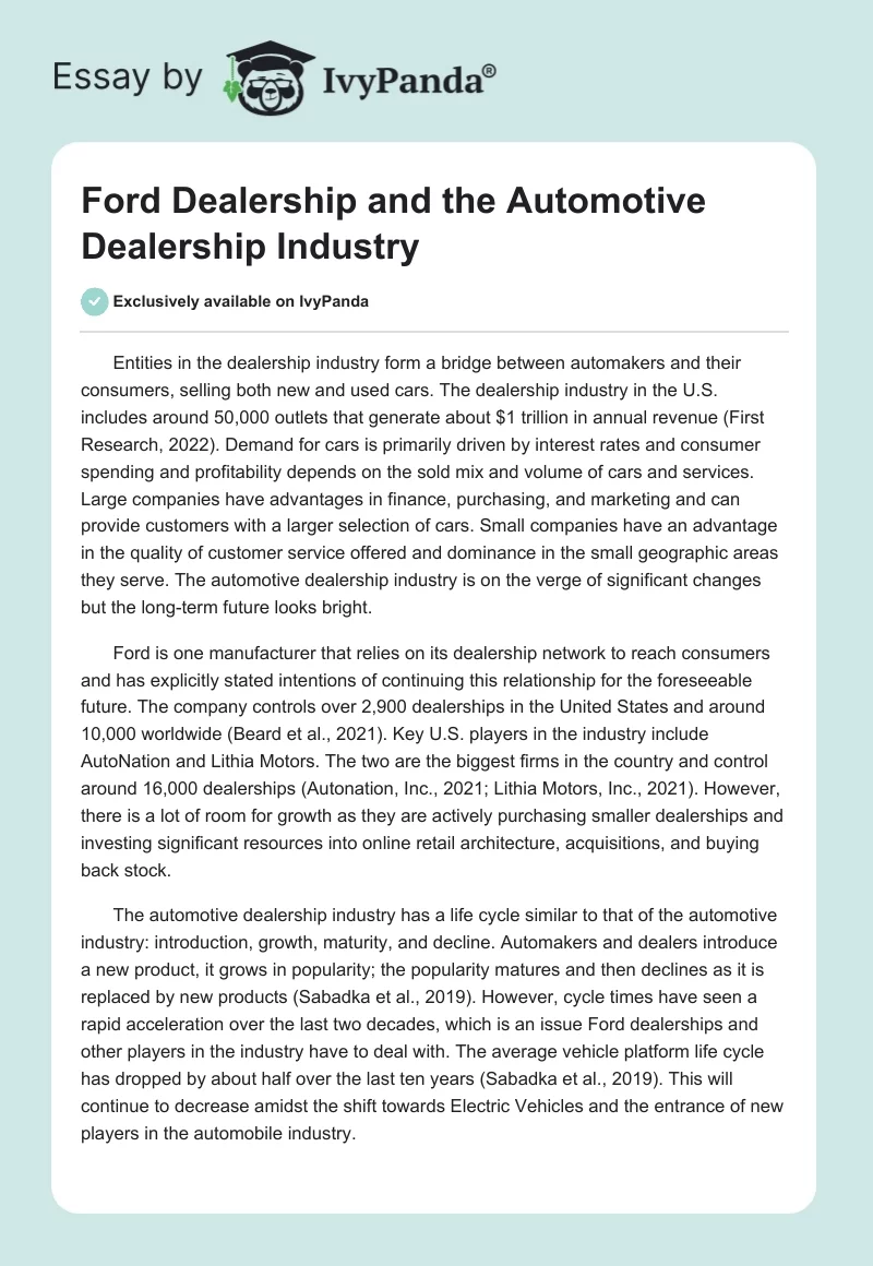Ford Dealership and the Automotive Dealership Industry. Page 1