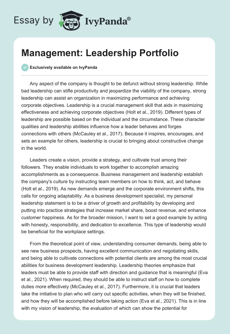 Management: Leadership Portfolio. Page 1