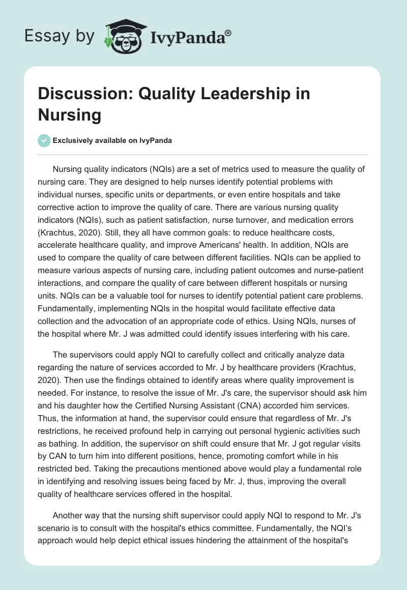 Discussion: Quality Leadership in Nursing. Page 1
