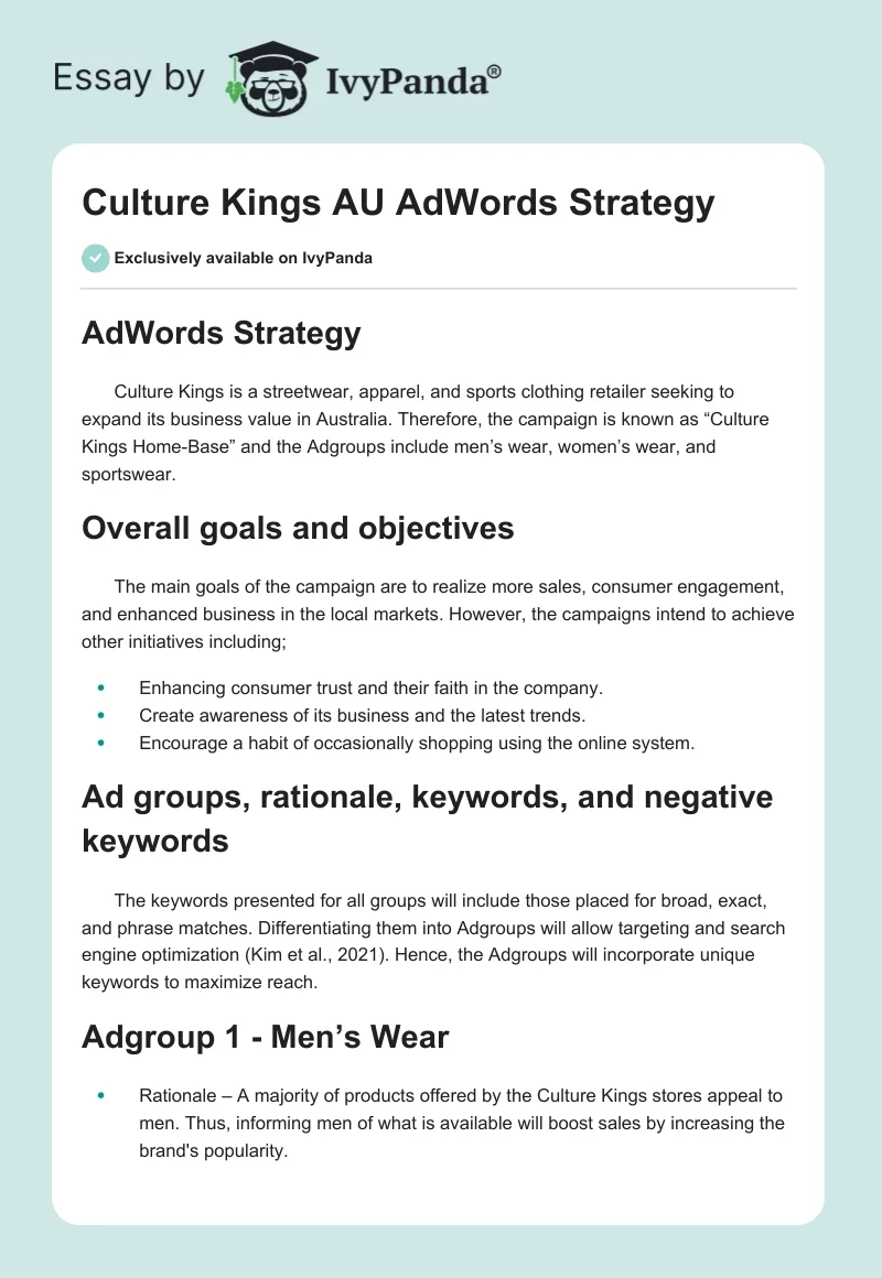 Culture Kings AU AdWords Strategy. Page 1
