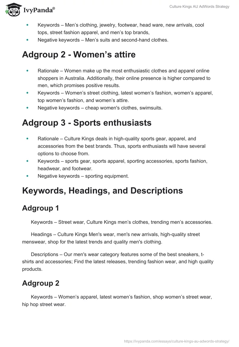 Culture Kings AU AdWords Strategy. Page 2