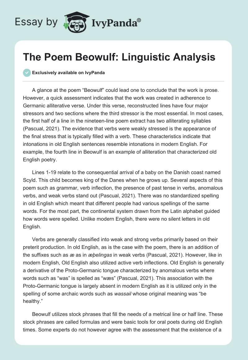 The Poem "Beowulf": Linguistic Analysis. Page 1