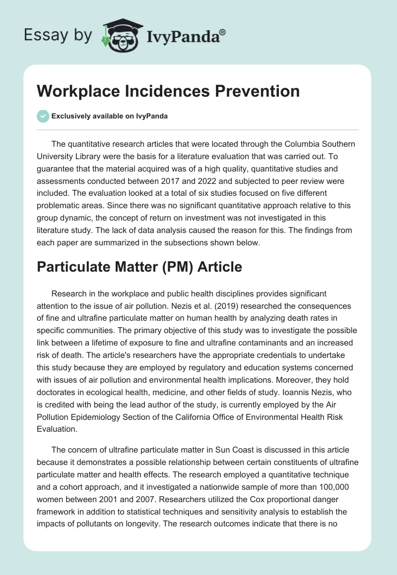 Workplace Incidences Prevention. Page 1