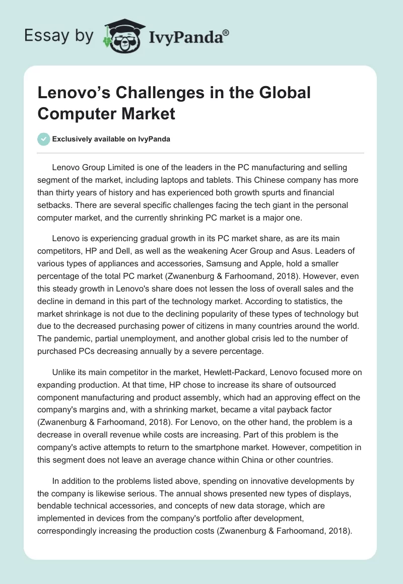 Lenovo’s Challenges in the Global Computer Market. Page 1