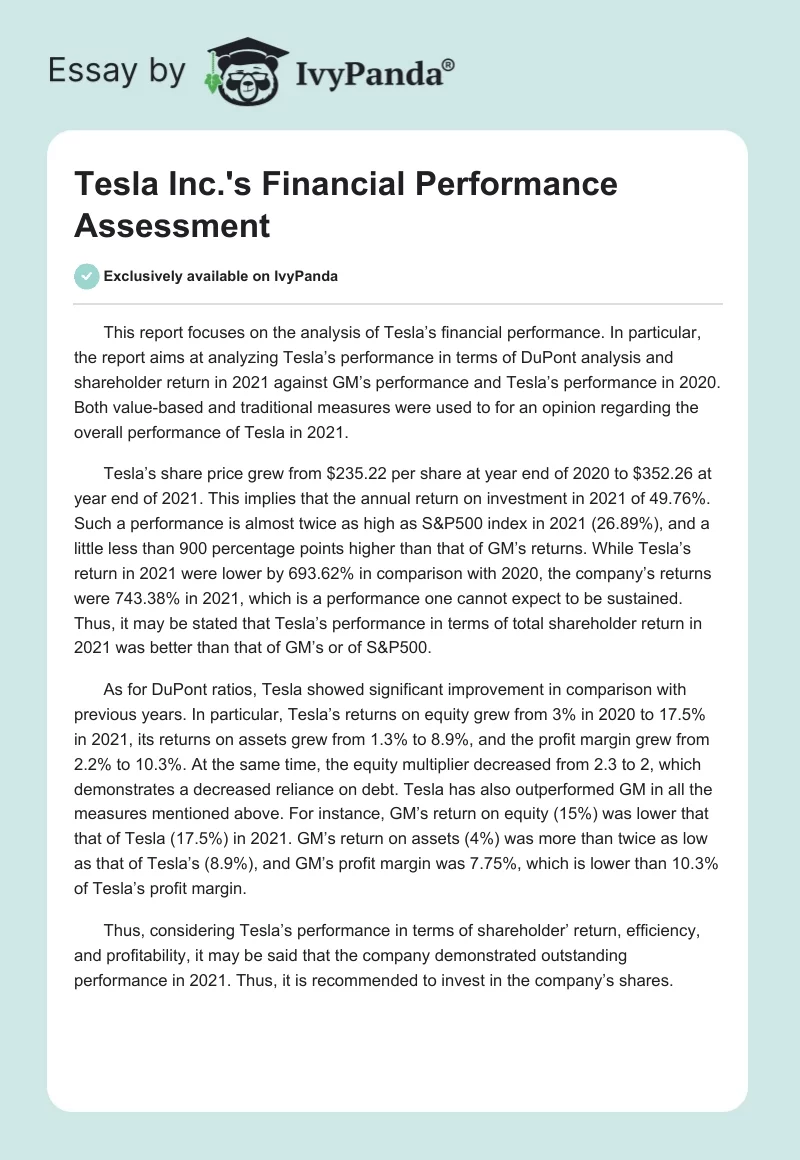 Tesla Inc.'s Financial Performance Assessment. Page 1