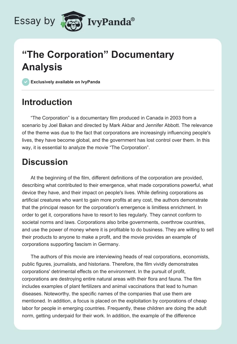 “The Corporation” Documentary Analysis. Page 1