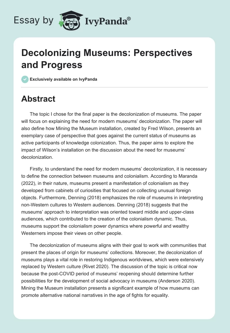 Decolonizing Museums: Perspectives and Progress. Page 1