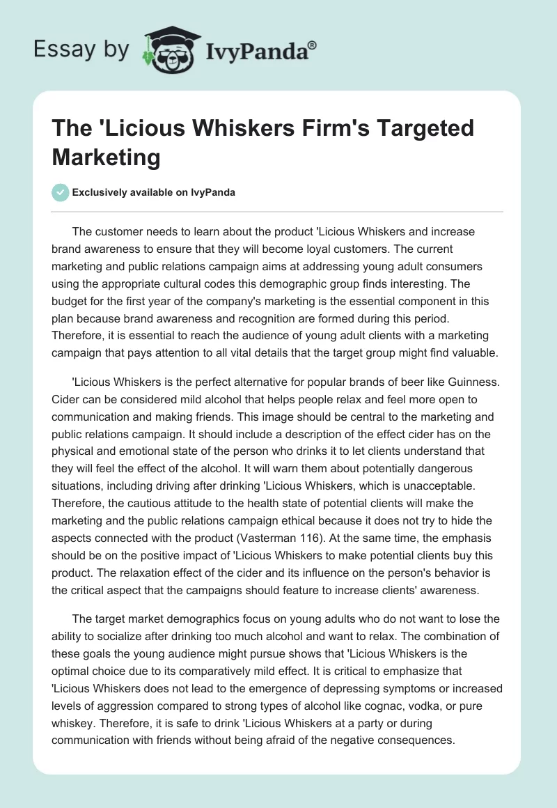 The 'Licious Whiskers Firm's Targeted Marketing. Page 1