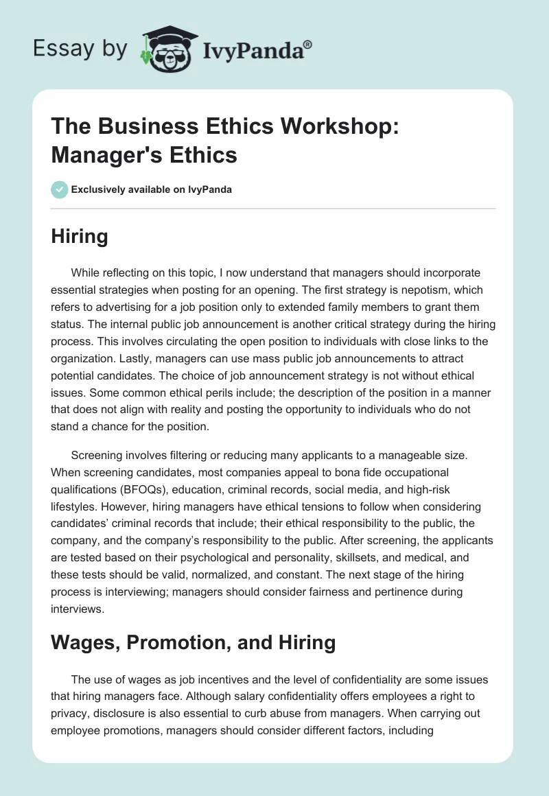 The Business Ethics Workshop: Manager's Ethics. Page 1