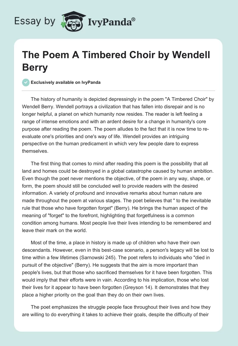 The Poem "A Timbered Choir" by Wendell Berry. Page 1