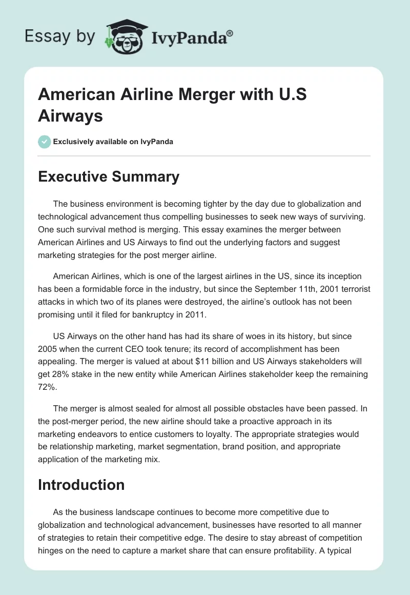 American Airline Merger With U.S. Airways. Page 1
