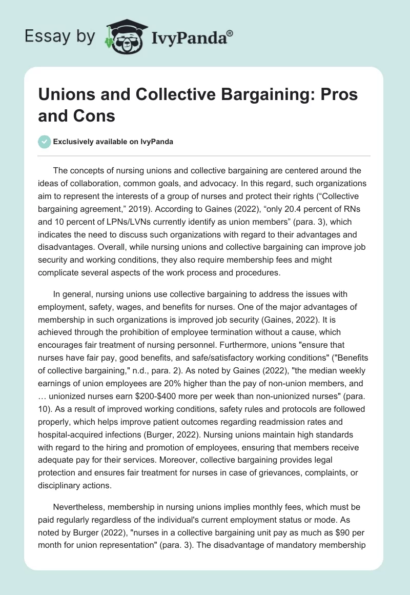Unions and Collective Bargaining: Pros and Cons. Page 1
