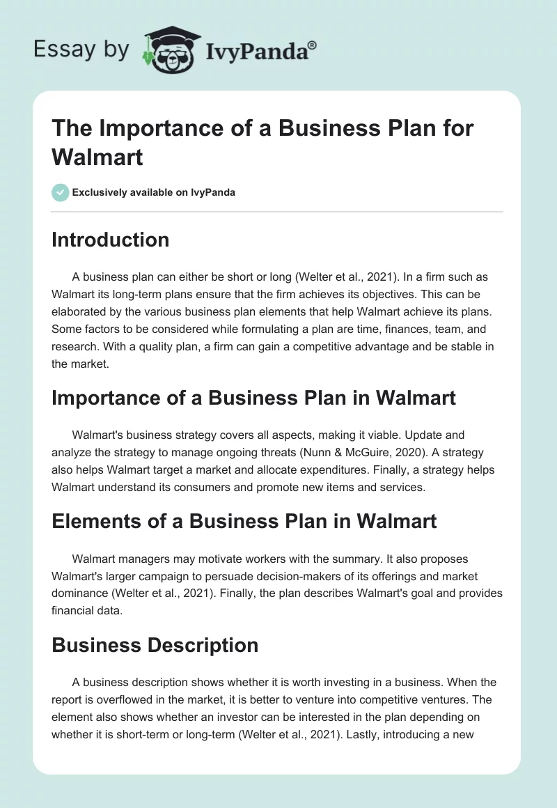 The Importance of a Business Plan for Walmart. Page 1