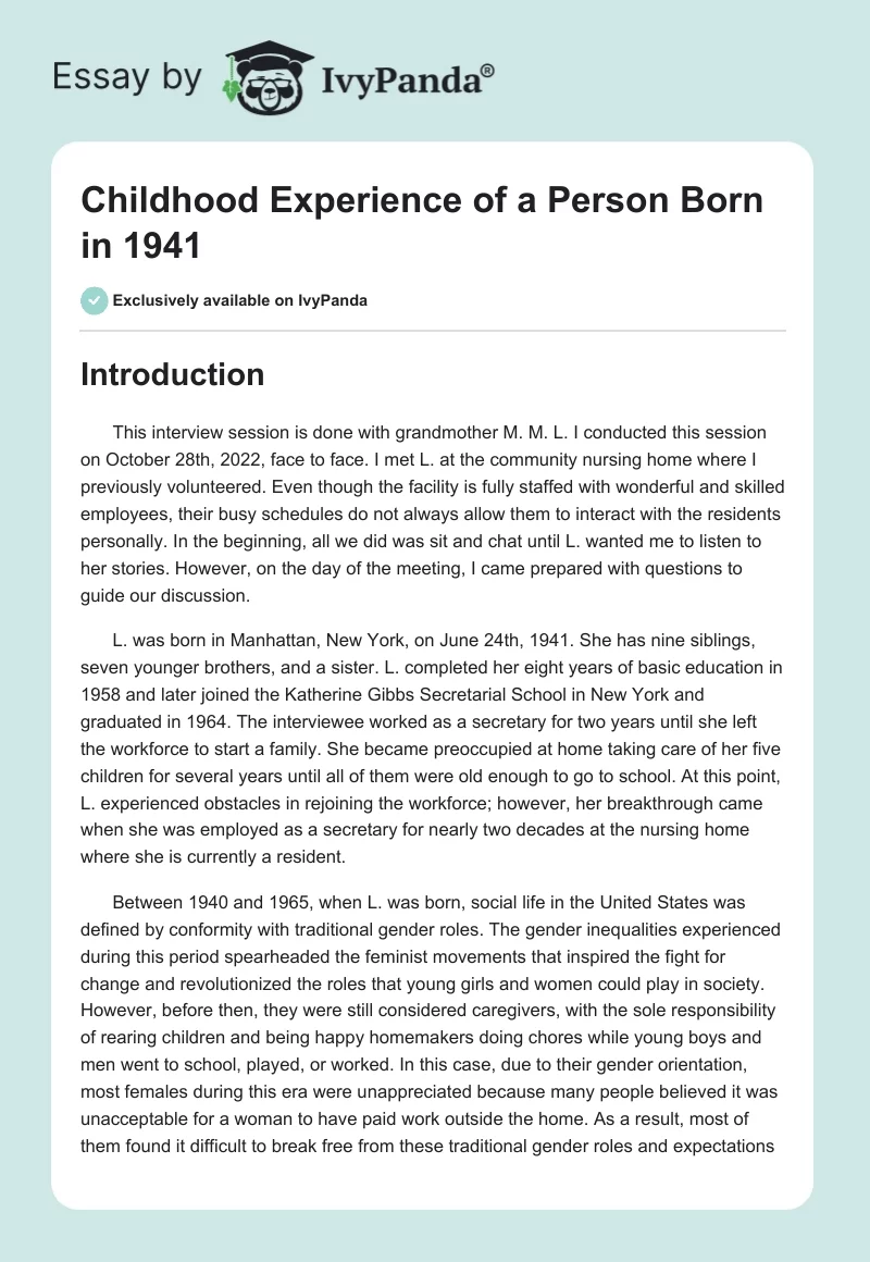 Childhood Experience of a Person Born in 1941. Page 1