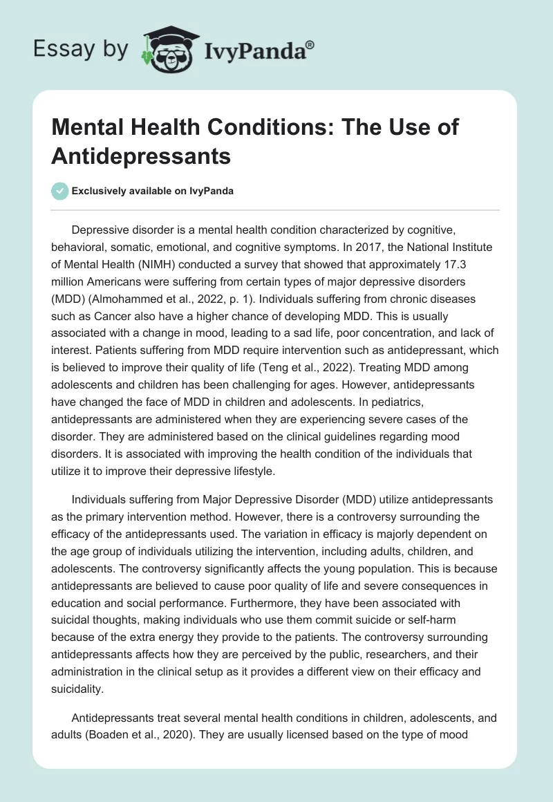 Mental Health Conditions: The Use of Antidepressants. Page 1