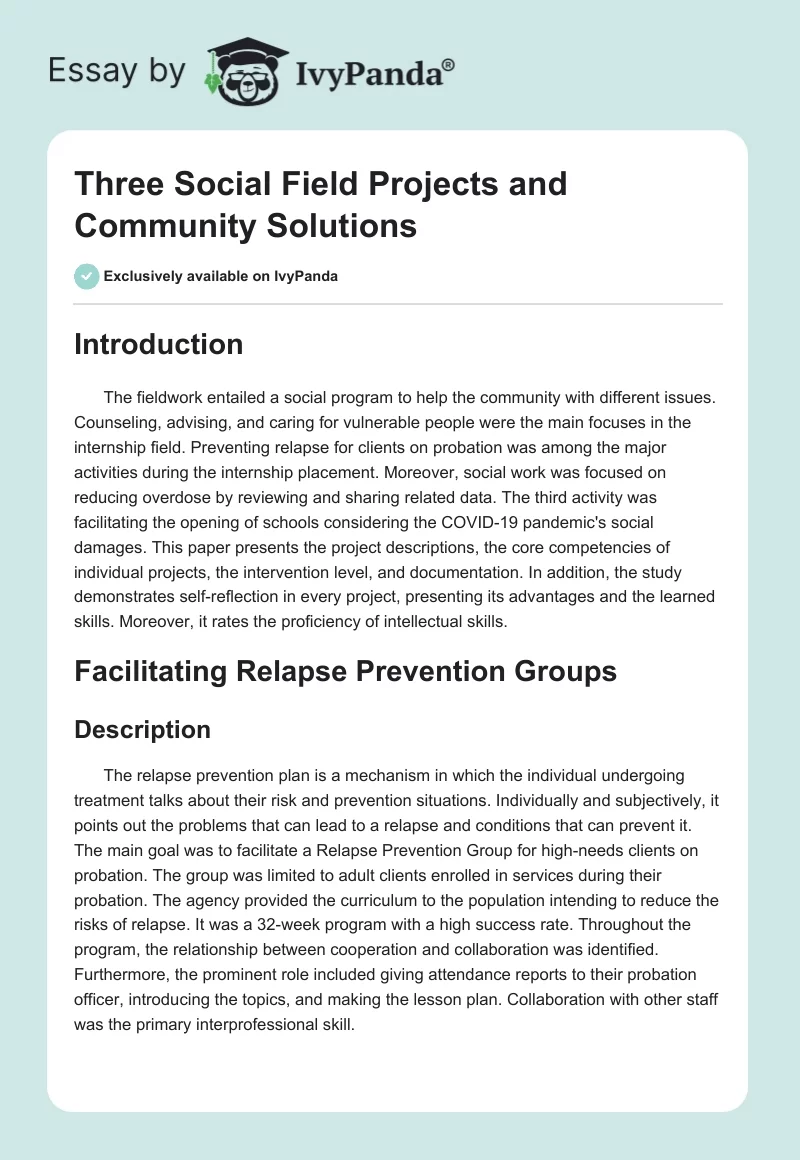 Three Social Field Projects and Community Solutions. Page 1
