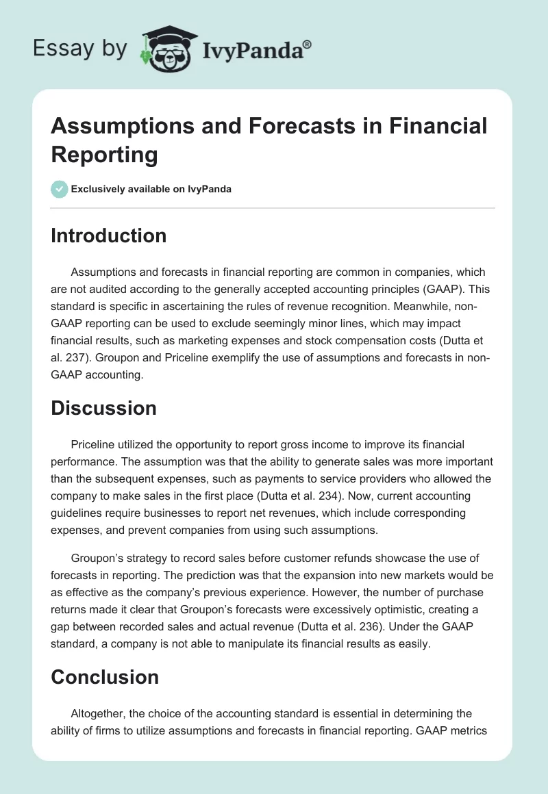 Assumptions and Forecasts in Financial Reporting. Page 1