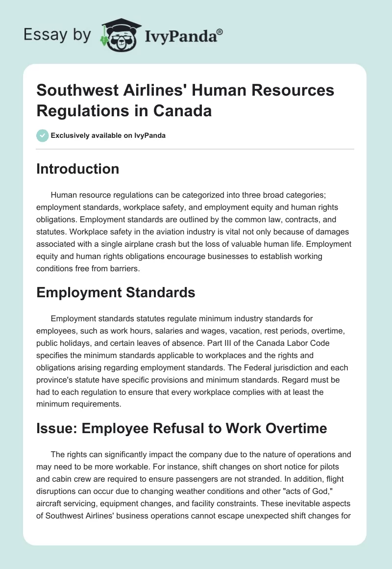 Southwest Airlines' Human Resources Regulations in Canada. Page 1