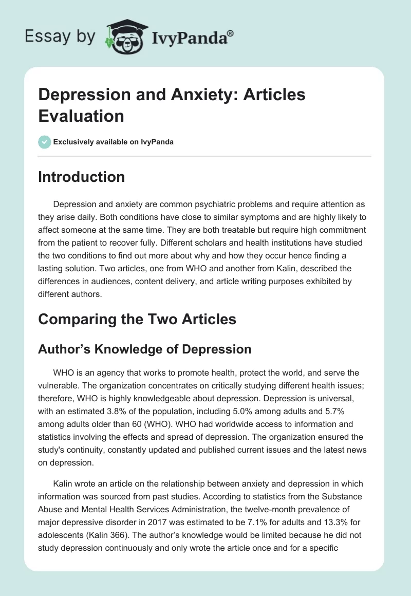 Depression and Anxiety: Articles Evaluation. Page 1
