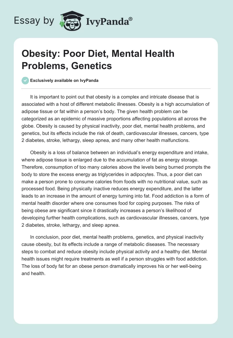 Obesity: Poor Diet, Mental Health Problems, Genetics. Page 1