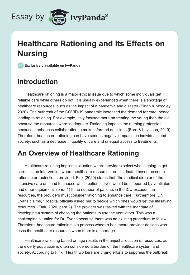 Healthcare Rationing and Its Effects on Nursing. Page 1