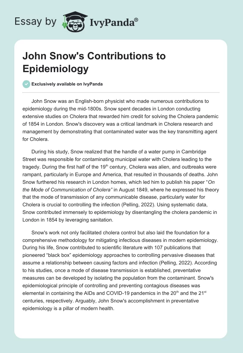 John Snow's Contributions to Epidemiology. Page 1