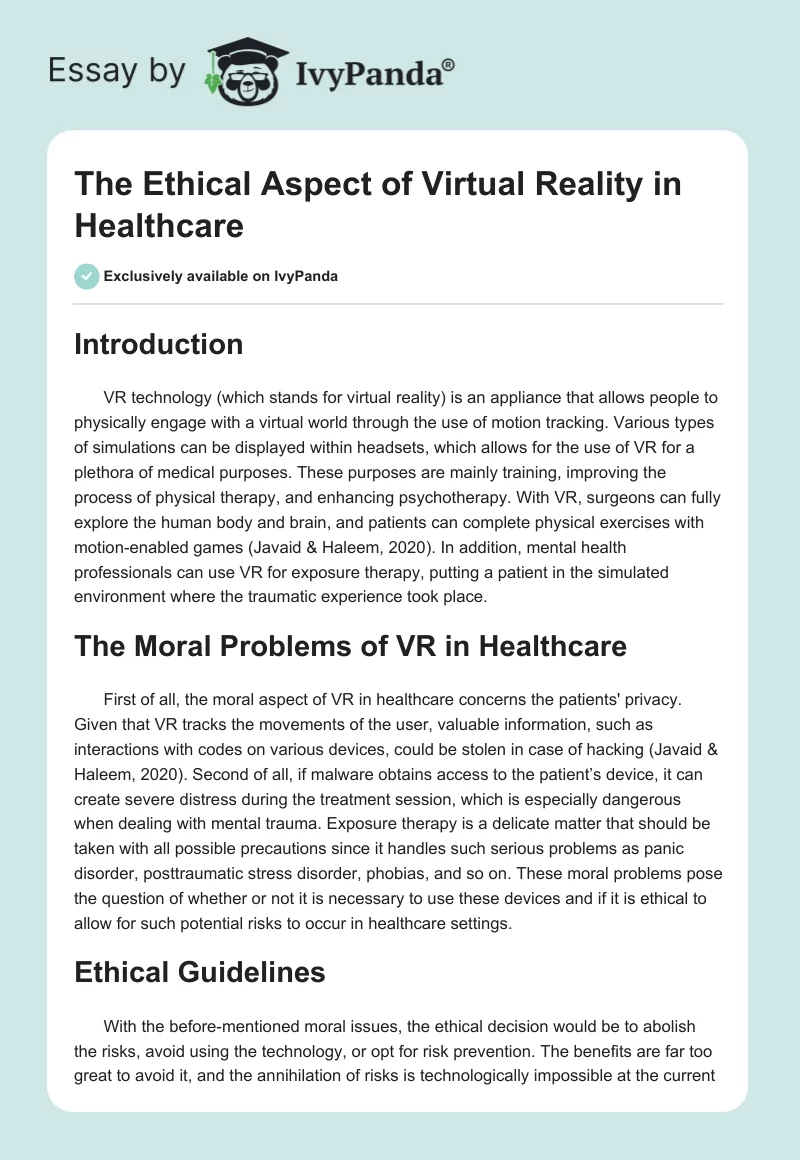 The Ethical Aspect of Virtual Reality in Healthcare. Page 1