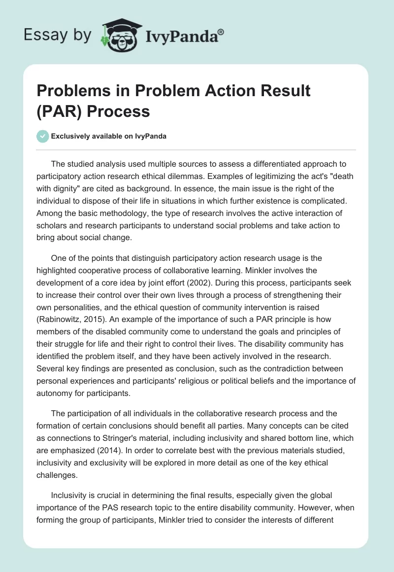 Problems in Problem Action Result (PAR) Process. Page 1