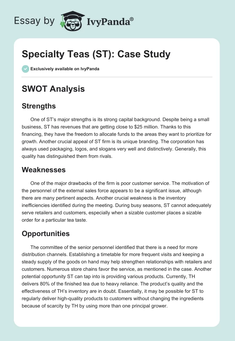 Specialty Teas (ST): Case Study. Page 1