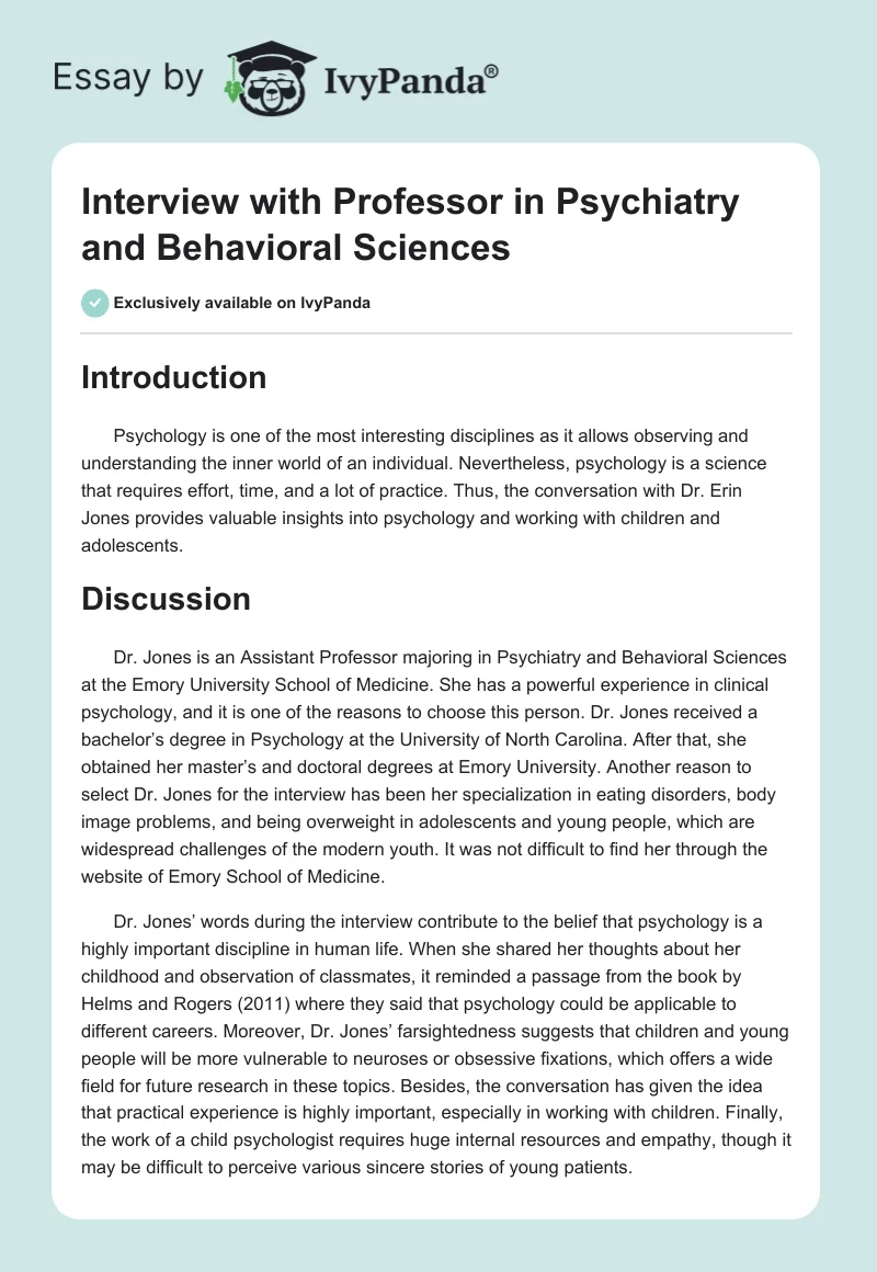 Interview with Professor in Psychiatry and Behavioral Sciences. Page 1